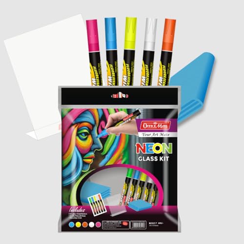 Image of Soni Officemate Neon Glass Kit | Includes Acrylic Sheet and Fluorescent Window Markers | Bullet Tip Design |Suitable for Kids Adults Windows Glass Acrylic Surfaces