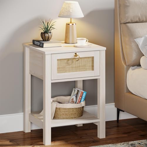 Image of Eclatara Rattan Nightstand: Sturdy White Night Stand with Rattan Decor Drawer, Farmhouse Nightstand Bedside Table Boho End Tables Side Tables for Bedroom (Cream White Oak,1 Piece)