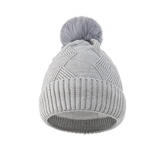 WonDerfulC Plüsch Rhombus Hook Thread Strickmütze Single Pompon Wollmütze Mode Pullover Cap Cuffed Beanie Beanie Wärme für Ski Camping Outdoor, grau, One size Cover