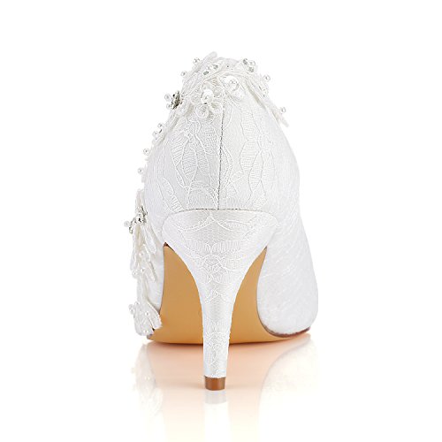 Emily Bridal Wedding Shoes Women's Silk Like Satin Stiletto Heel Pumps with Stitching Lace Flower Crystal Pearl4