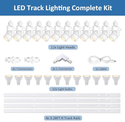 Image of White Track Lighting Heads Kit, Dimmable 12-Light GU10 LED Track Lights with 13.12FT H Type Track Rails 10W 3000K Warm White Ceiling Spotlight Fixture with Replaceable GU10 LED Bulbs