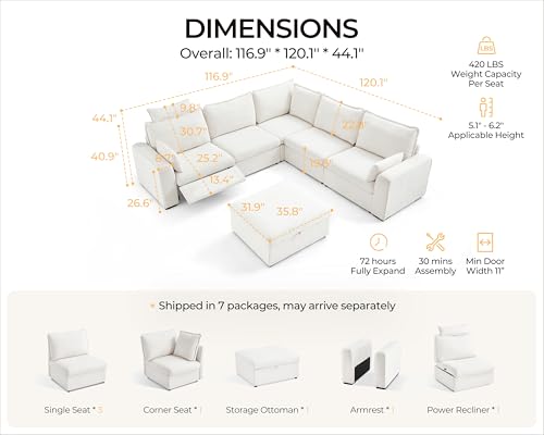 Image of Oversized Modular Sectional Sofa with Power Recliner, Plush Cloud Couch with Headrest, Convertible Deep L-Shaped 6 Seater with Corner and Storage Ottoman, Chenille, White