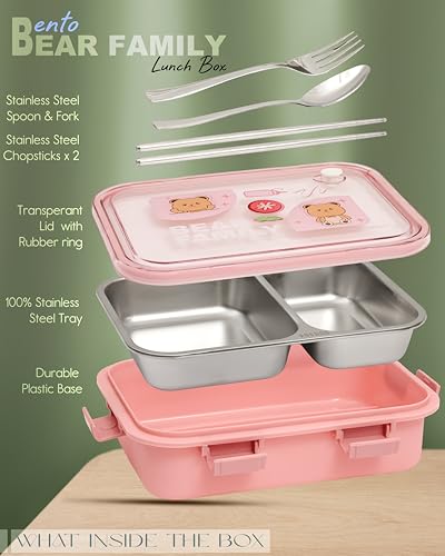 Image of Brand Conquer Lunch Box Leak-Proof BPA Free Stainless Steel for School, Lunch Box for School & Office with a Fork, a Spoon and a Pair of Chopsticks (Pink, Bear Family 2 Compartment)