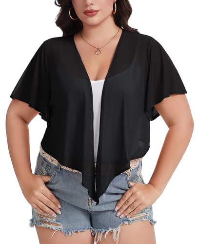 Image of Women Crop Cardigan Sheer Mesh Bolero Shrugs for Dresses Plus Size Tie Front Cardigans Ruffled Short Sleeve Tops