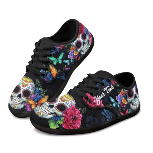 Binienty Sugar Skull Knit Tennis Shoes for Men Women Butterfly Floral Wide Toe Box Barefoot Running Shoes Customized with Your Name Design for Hiking, Camping, Gym and Everyday Wear