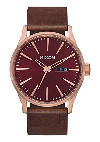 NIXON Sentry Leather A105 - Rose Gold Burgundy Brown - 100m Water Resistant Men s Analog Classic Watch (42mm Watch Face, 23mm Leather Band)
