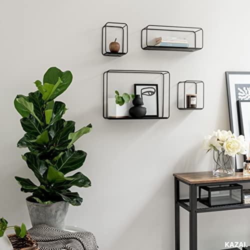 Kazai. Wall Shelves -Jona- | 4-Part Shelving Unit Made Of Metal And Real Wood Veneer | Wall Decor, Storage And Book Shelf For Bathroom, Living Room, Kitchen, Bedroom And More | Oak, Black #TOP6