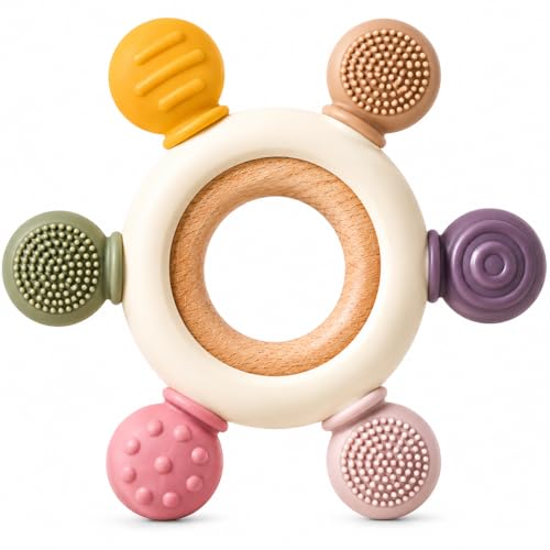 Image of Silicone & Wooden Baby Teether for 0-12 Months | Food Grade Silicone Teething Toy | Soft & Safe Gum Relief | BPA Free Chew Toy for Infants 3-6, 6-12 Months | Teething Toys for Babies (Round Ring)