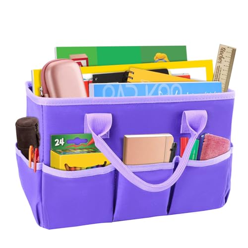 Image of ZKOO Craft Organizer Tote Bag, Portable Art Supply Storage Caddy with 6 Pockets & Removable Divider, Multi-Purpose Teacher Bag for Sewing, Scrapbooking, Office & Travel - Purple, Small