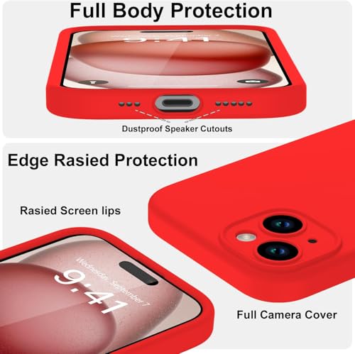 Image of DIZORO Compatible for iPhone 15 Case 6.1, Slim Liquid Silicone Case 3 Layers Full Covered Soft Gel Rubber Phone Case Protective Cover - Red