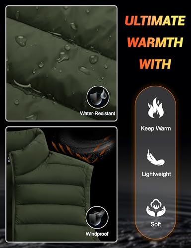 Cotrasen Mens Lightweight Puffer Vest Packable Insulated Puffer Vest Outerwear Winter Zipper Quilted Puffy Sleeveless Jacket Army Green XL2