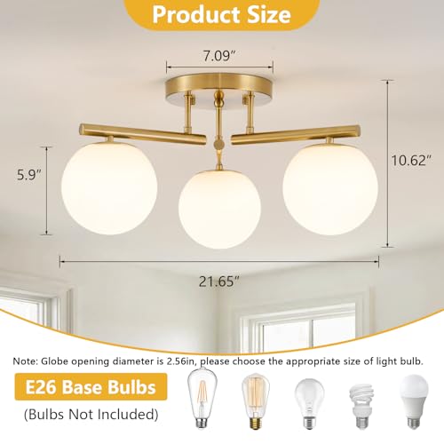 Image of 3 Light Brass Sputnik Ceiling Light Fixture, Globe Semi Flush Mount Ceiling Light, Brass Gold 21.65 '' Milky Glass Globe Mid Century Modern Light for Bedroom Hallway Living Room