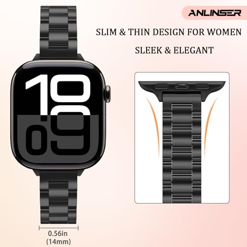 Image of Anlinser Bands Compatible with Apple Watch Band 42mm 41mm 40mm 38mm, Women Slim Stainless Steel Metal Strap for iWatch Series 10 9 8 7 6 5 4 3 2 1 SE (Black)