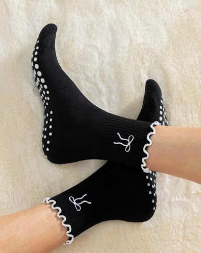 Image of Yawlsow Cute Pilates Grip Socks for Women Ruffle Frilly Yoga Socks Non Slip Cotton Crew Grippy Sock for Barre Workout