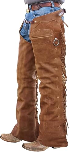 Premium Leather Chaps for Men Western Cowboy Style Real suede with Fringe Design Horse Riding & Rodeo Pants (Standard, Ranchwear Leather Chaps, 32)