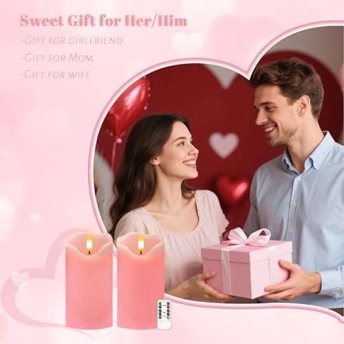 Image of VEEKI Flameless Candles Light, Set of 2 6 inchx3 inch Flickering LED Candle with Remote & Timer, Dimmable Electric Pillar Candles Battery Operated, Pink Candles for Valentine's Day Xmas Home Decor (2PC)