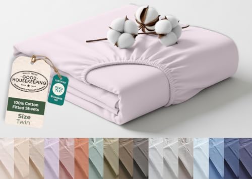 Image of Royale Linens 100% Organic Cotton Twin Fitted Sheet Only - Percale Weave - Super Soft Deep Pocket Bottom Sheets - Lavender Elastic Sheet - Twin Size Fitted Sheets Only - (39 inchx75 inch+15 inch, Lavender)