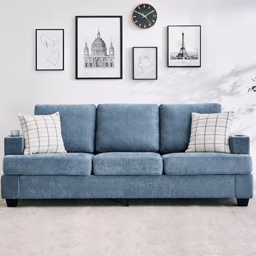 Garvee 89" Modern Sofa for Living Room, 3-Seater Comfy Couches with Deep Seat, Chenille Couch with Cup Holders and Side Storage Pockets for Apartment Lounge, Blue