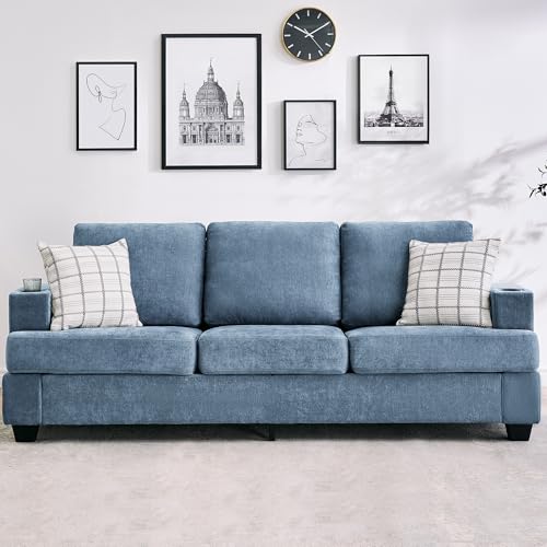 GarveeHome Modern 89 in 3-Seater Sofa for Living Room, Comfy Couches with Deep Seat, Chenille Couch with Cup Holders and Side Storage Pockets for Apartment Lounge, Blue - Image 5