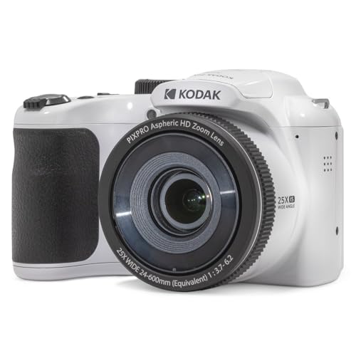 KODAK Pixpro Astro Zoom AZ255 – Appareil Photo Bridge Numérique 16 Mpixels, Zoom Optique 25X, Video HD 1080p, Grand Angle 24 mm, Stabilisateur Optique d’Image, Ecran LCD 3, Pile AA – Blanc