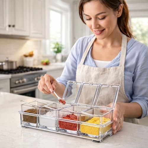 Image of Dimitra Acrylic Home Kitchen 4 Grid Acrylic Seasoning Mukhwas Rasoi Dry Fruit Easy Flow Spice Box Kit With Spoon-Kitchen Masala Storage Box Container Seasoning Organizers Jars (Transparent)