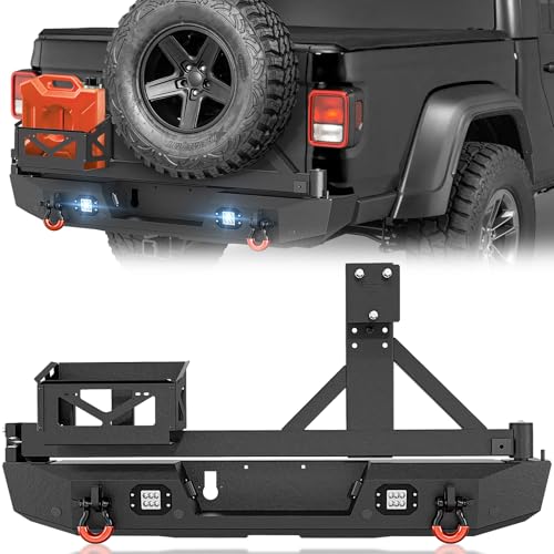 Image of YZONA for JT Rear Bumper with Tire Carrier & Spare Oil Drum Storage Box Compatible with 2020 2021 2022 2023 2024 2025 2026 Jeep Gladiator JT with LED Lights, License Plate Frame, Sensor Holes, D-rings
