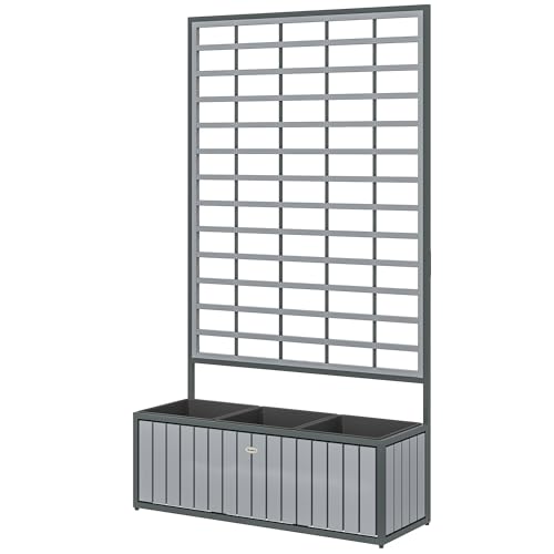 Jardinera elevada gris modular con enrejado de madera y cubetas extraíbles