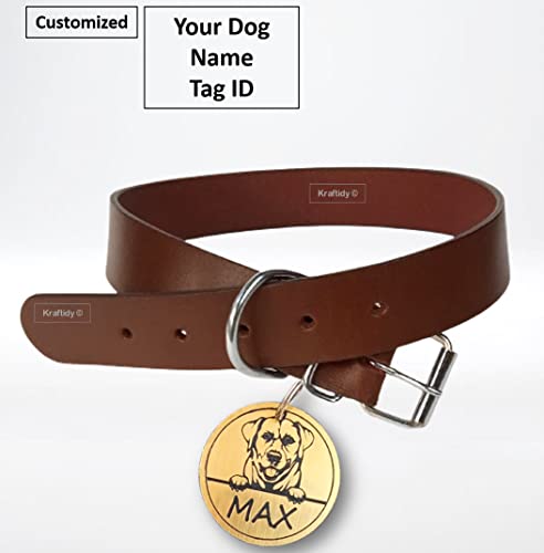 Image of Leather Dog Collar Belt with Name tag id Customized for Large Medium Small Dogs Neck Collar with Personalized Dog Name (Leather) (Large Dogs)