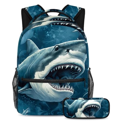 Ensemble sac à dos requin de grande capacité avec trousse pour étudiants et ados