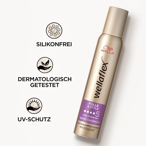 Wellaflex Fülle & Style Schaumfestiger für Frauen | Bis zu 24 Std. ultra starker Halt | Für volles, voluminöses Haar | Sanft zur Kopfhaut, dermatologisch getestet | Silikonenfrei | Haltegrad 5 | 200ml