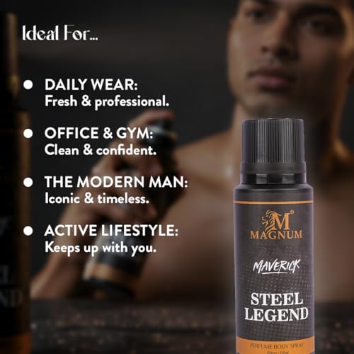 Image of Magnum Maverick Steel Legend Men's Body Spray - Aromatic Woody Fragrance with Bergamot, Lavender & Sandalwood | Smooth Long-Lasting Scent for Office & Everyday Wear | 150ml