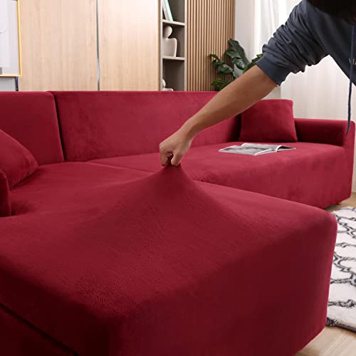 Sectional Sofa Slipcovers L Shape Couch Cover,2Pcs Thick Velvet Stretch Anti-Slip Couch Covers For 3 + 3 Seaters Chaise, Furniture Protector Slip Cover For Living Room Dogs Pets Kids (Wine Red) #TOP1