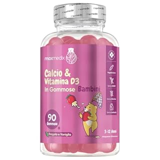 Calcio Integratore con Vitamina D Bambini, 90 Caramelle Gommose Vegetariane, Fragola e Vaniglia, Calcio e Vitamina D sono Necessari per la Crescita e lo Sviluppo Normali delle Ossa nei Bambini (EFSA)