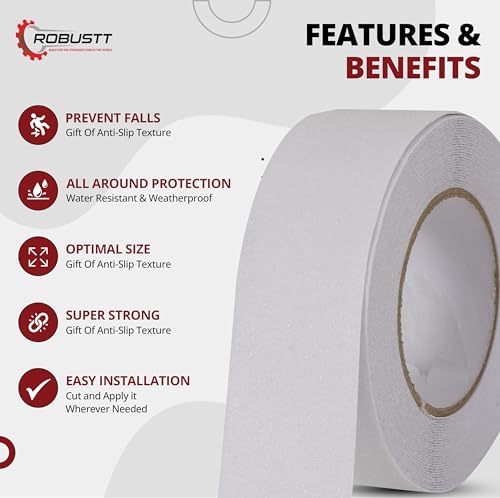 Image of Robustt Anti Skid /AntiSlip Tape 10 Meter 25MM (Pack of 2) Fall Resistant with PET Material and Solvent Acrylic Adhesive Tape for Slippery Floors, Staircase, Ramps, Indoor, Outdoor Use - White