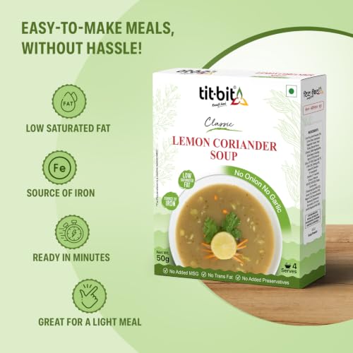 Image of Tit-Bit Lemon Coriander Soup | No Onion No Garlic | Ready-to-Cook Soup Mix | Source of Iron | Low Saturated Fat | Pack of 5 (50g Each)