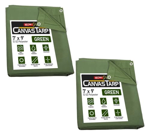 Mytee Products 2 Pack 7' x 9' Green 12oz Canvas Tarp with Grommets - Water Resistant - Heavy Duty Canvas Tarps - Multipurpose Tarpaulin Cover for Canopy Tent, Roof, Camping, Semi Trucks & Cargo