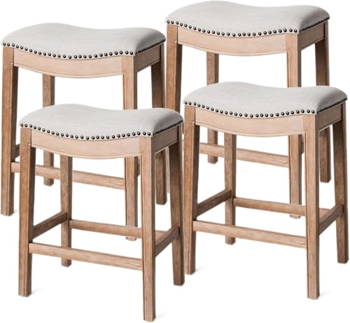 Image of Maven Lane Adrien Backless Counter Stool - Set of 4 - 26 Inches - Saddle Stool with Footrest - Natural Solid Wood Frame & Light Grey Fabric Upholstery - Perfect for Kitchen Islands & Counters