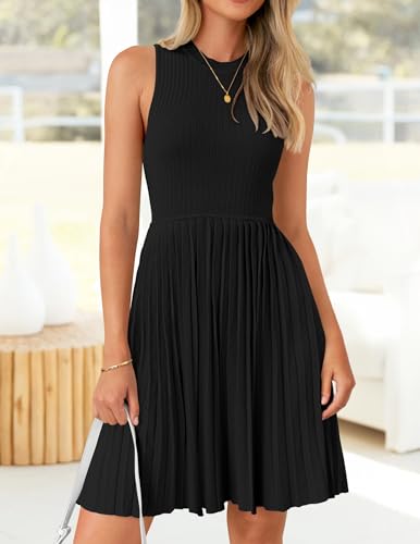 ZESICA Women's Summer Sleeveless Mini Dress 2025 Crewneck Knit A Line Pleated Swing Casual Basic Short Dress2