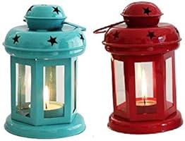 Good Will Crafts Diwali Home Decoration Iron Table/Hanging Lantern, Color Red & Blue, Pack of 2 Pc Size :- (7 inch x 3.6...