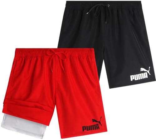 PUMA Men's Bathing Suit - 2 Pack Quick Dry Swimsuit Trunks with Mesh Compression Liner - 8