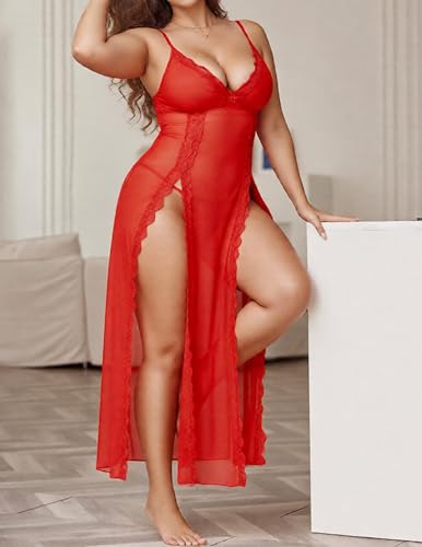 Image of Alrovetoney Plus Size Lingerie For Women Babydoll Sexy Mesh Maxi Nightdress Exotic Sleepwear Side Slits
