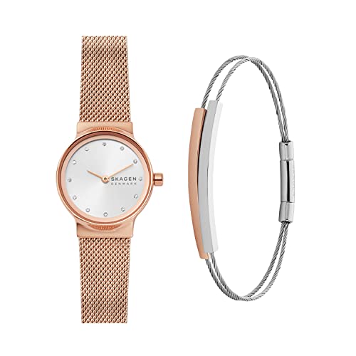 Skagen Women's Freja Stainless Steel Analog-Quartz Watch with Stainless-Steel Strap & Skagen Women's Merete Rose-Tone Brilliant Mesh Cable Bracelet
