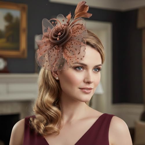 Image of DRESHOW Fascinators Hat Flower Mesh Ribbons Feathers on a Headband and a Clip Tea Party Headwear for Girls and Women