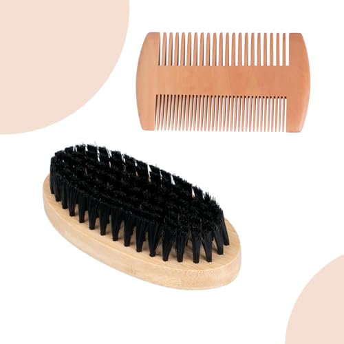 Juego de cuidado de barba para hombre, cepillo de barba personalizado, peine facial de cerdas de jabalí, cepillo de barba de dientes gruesos y finos, conveniente para alisar, peinar y cuidar