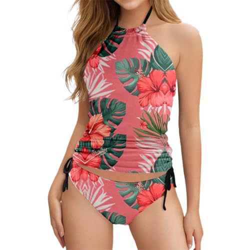 Generisch Traje de baño informal de dos piezas estampado para mujer en verano moda diseñador conjunto, Rojo sandía, XXL
