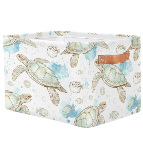 Image of Tropical Ocean Sea Animal Square Storage Basket, Fabric Storage Bin with Leather Handles Collapsible Storage Bin Nursery Hamper for Organizing Toys, Clothes, Books, Gift Baskets
