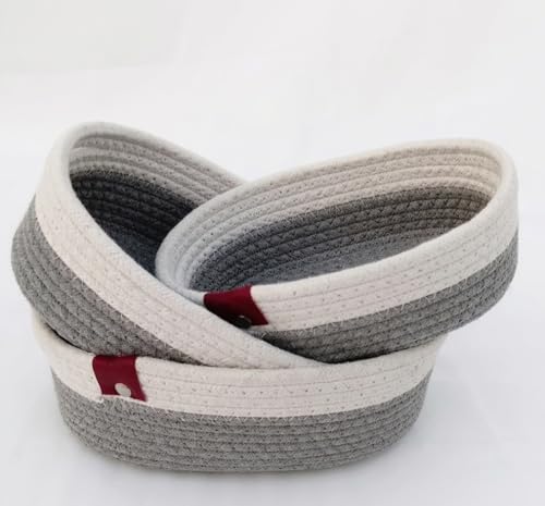 Image of AuraNest Set of 3-L-9x5.5 inch, M-8.5x5 inch, S-8x4.5 inch, Oval, Grey] Handwoven Jute Cotton Basket | Eco-Friendly Shelf Baskets for Storage, Organization & Gift Hampers Pack Off 3 Pcs (Grey&White)