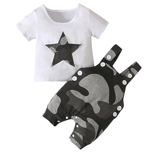 Kimoda Baby Boy Clothes 0-3 Months Summer Newborn Infant Cotton Clothes Outfit 2pcs Set Infant Short Sleeve T-Shirt Top + Camouflage Grey Dungarees