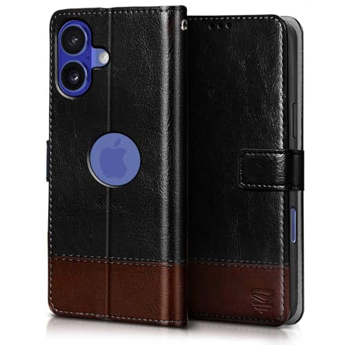 Image of FLIPPED Vegan Leather Flip Case Back Cover for iPhone 16 (Flexible, Shock Proof | Hand Stitched Leather Finish | Card Pockets Wallet & Stand | Black with Brown)