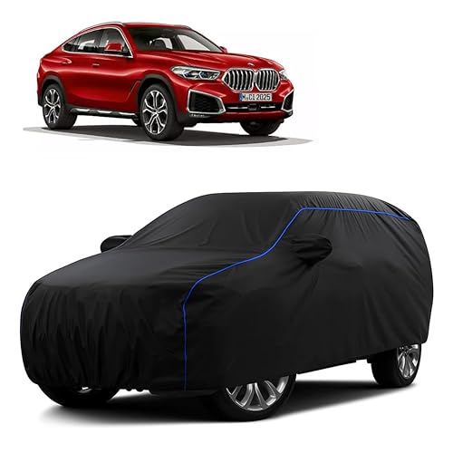 Image of Sulfar 100% Water Resistant Car Body Cover Compatible with Mirror for BMW X6 (Triple Stitched, Full Bottom Elastic, Black Tafetta with Blue Piping)
